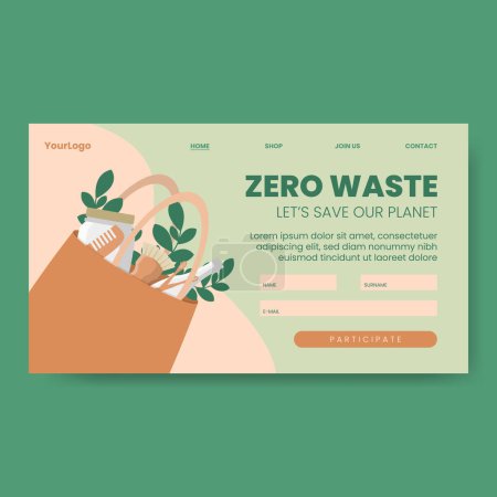 Ilustración de Bolsa ecológica con productos ecológicos, y hojas con texto Zero Waste en una landing page, ilustración vectorial - Imagen libre de derechos