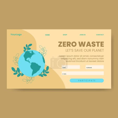 Illustration for Earth globe with green leaves with text Zero Waste on a landing page, vector illustration - Royalty Free Image