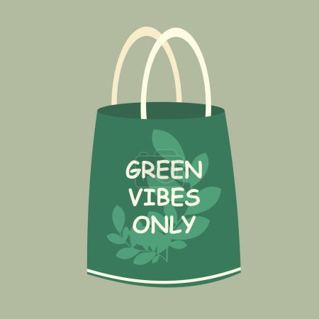 Ilustración de Eco bolsa con vector de texto Ilustración. Bolsa de compras reutilizable con letras Green Vibes Only. Compras ecológicas. Bolso con tipografía - Imagen libre de derechos