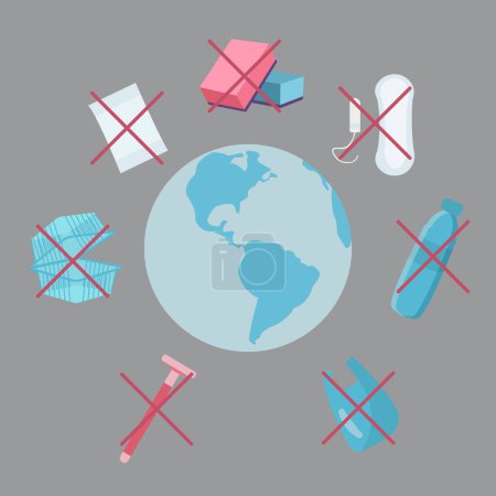 Ilustración de Conjunto de señales de plásticos tachados alrededor del globo terrestre. Salvar la tierra y el medio ambiente concepto. Ilustración vectorial - Imagen libre de derechos