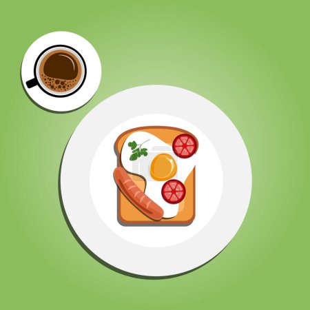 Téléchargez les illustrations : Sandwich vue du dessus. Toast avec oeuf grillé, et tomate pour un petit déjeuner sain isolé en fond bleu. Éléments de restauration rapide, illustration vectorielle découpée en papier - en licence libre de droit