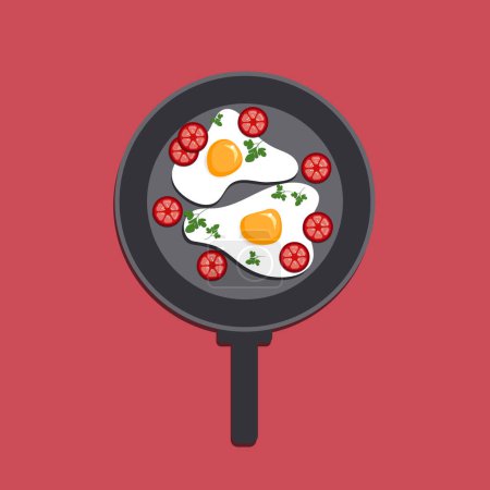 Illustration for Fried eggs with tomato, and sausage on a cooking pan with a handle. Papercut farm products. Vector illustration - Royalty Free Image