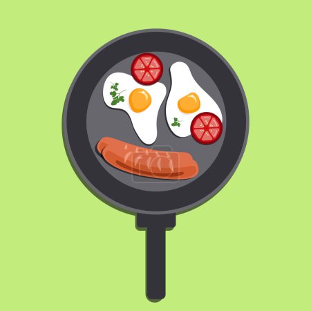 Illustration for Fried eggs with tomato, and sausage on a cooking pan with a handle. Papercut farm products. Vector illustration - Royalty Free Image