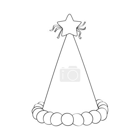 Ilustración de Dibujo en blanco y negro de una gorra de fiesta con una estrella en la parte superior. La tapa tiene un borde ondulado y está decorada con tres cintas colgando de los lados - Imagen libre de derechos