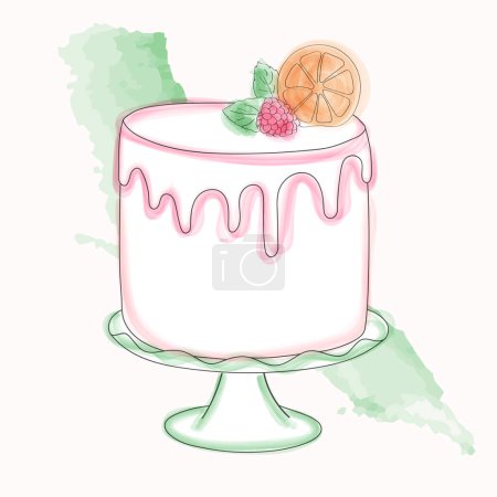 Ilustración de Un dibujo de acuarela pintada a mano de un pastel con una rebanada de naranja colocada encima de él. El pastel se ve delicioso y acogedor, con detalles intrincados y colores vibrantes - Imagen libre de derechos