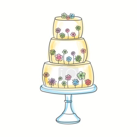 Téléchargez les illustrations : Un gâteau décoré à trois couches avec des fleurs colorées mettant en valeur des dessins aquarelles peints à la main complexes. Le gâteau respire l'élégance et l'artisanat - en licence libre de droit