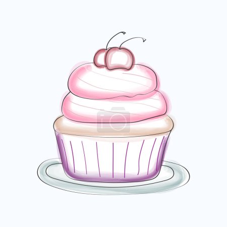 Un délicieux cupcake avec glaçage rose et une cerise sur le dessus est affiché sur un fond blanc. Le cupcake est décoré de tourbillons de glaçage rose et d'une cerise rouge vif