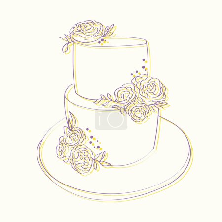 Téléchargez les illustrations : Illustration dessinée à la main d'un gâteau de mariage orné de délicates roses, mettant en valeur des détails complexes et un design élégant. L'accent est mis sur l'art du gâteau - en licence libre de droit