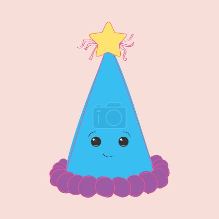 Illustration for A hand-painted blue cone-shaped birthday hat with a star on top. The hat is festive and celebratory, perfect for a birthday party or special occasion - Royalty Free Image
