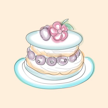 Handgemalte Aquarellzeichnung eines dreischichtigen Kuchens mit frischen Beeren. Die Beeren verleihen dem köstlich aussehenden Dessert Farbe und Frische