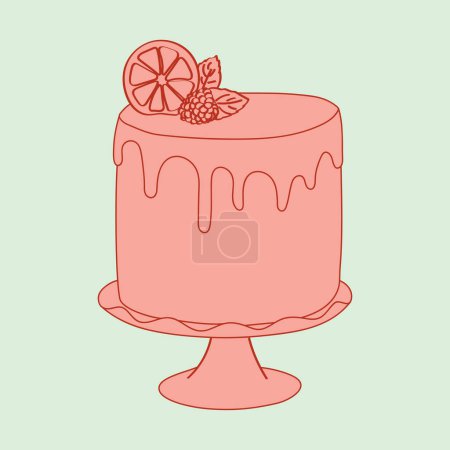 A pink cake topped with a slice of orange, sitting on a plate. The cake has a hand painted doodle design on its surface
