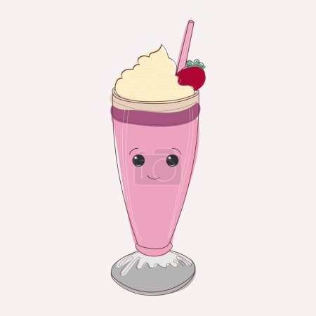 Téléchargez les illustrations : Un smoothie rose servi dans un verre avec une paille rayée et une cerise fraîche placée sur le dessus - en licence libre de droit