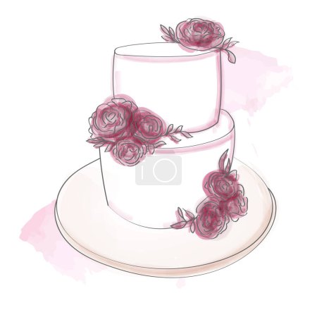 Ilustración de Un dibujo de acuarela pintado a mano de un pastel de bodas adornado con rosas delicadas. Los detalles intrincados y los colores vibrantes dan vida a esta interpretación artística - Imagen libre de derechos