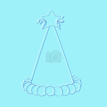 Illustration for Blue drawing of a holiday cap with a star on top. The cap has a wavy edge and is decorated with three ribbons - Royalty Free Image