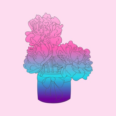 Téléchargez les illustrations : Un vase est assis sur une table remplie d'un arrangement coloré de pivoines roses et bleues. Les fleurs semblent fraîches et vibrantes - en licence libre de droit
