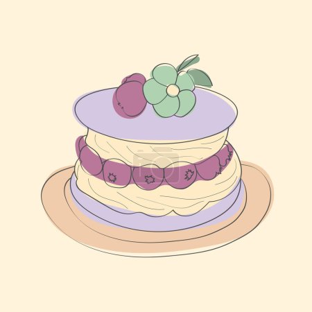 Téléchargez les illustrations : Illustration dessinée à la main représentant un gâteau reposant sur une assiette, présentant des détails et des textures complexes du dessert - en licence libre de droit
