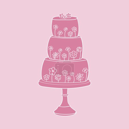 Illustration for A three-tiered cake adorned with colorful flowers on each tier. The cake is meticulously hand-painted with intricate designs, creating a stunning and elegant centrepiece for any celebration - Royalty Free Image