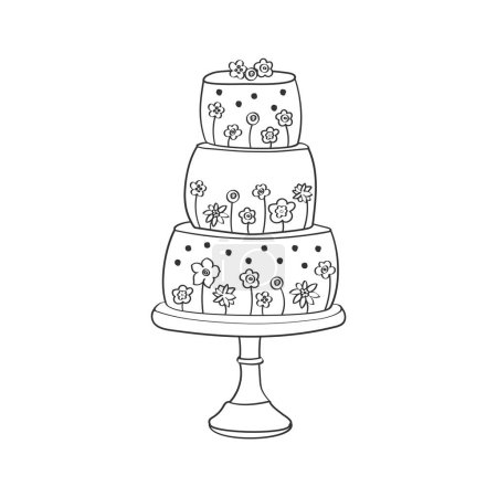 Téléchargez les illustrations : Un gâteau à trois niveaux est décoré avec des fleurs colorées sur chaque niveau, créant un beau et élégant design. Les fleurs sont placées délicatement et ajoutent une touche de sophistication au gâteau - en licence libre de droit