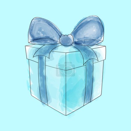 Illustration for A doodle hand painted watercolor gift box in blue, featuring a matching blue bow. The box is elegantly wrapped and ready for gifting - Royalty Free Image