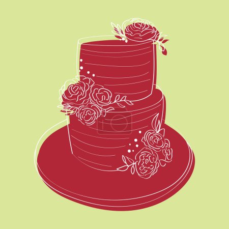 A two-tiered red cake adorned with delicate flowers on the top tier. The cake appears to be hand-painted with intricate designs and is set against a plain background