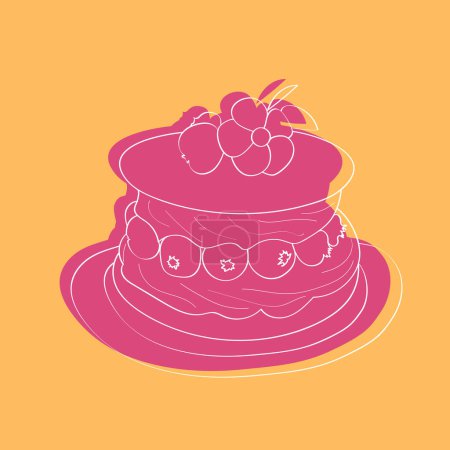 Téléchargez les illustrations : Un gâteau rose avec glaçage blanc et saupoudres colorées se trouve bien en évidence sur un fond jaune vif. Le gâteau est orné de tourbillons et de motifs qui le rendent visuellement attrayant - en licence libre de droit