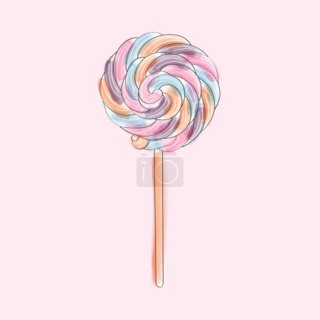 A vibrant, multicolor lollipop stands out against a pink backdrop. The candy is the focal point, showcasing a variety of bright colors and swirl patterns