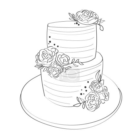 Una representación esbozada de un pastel de bodas de dos niveles adornado con adornos de rosas y delicados detalles de hielo. El pastel se coloca en un stand, la planificación de la etapa para una celebración