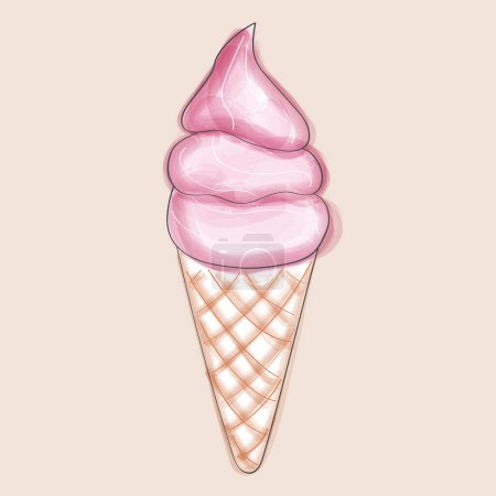Un helado rosado se sienta enclavado en un cono de gofre crujiente. Los colores vibrantes del convite contrastan maravillosamente con los tonos neutros del cono