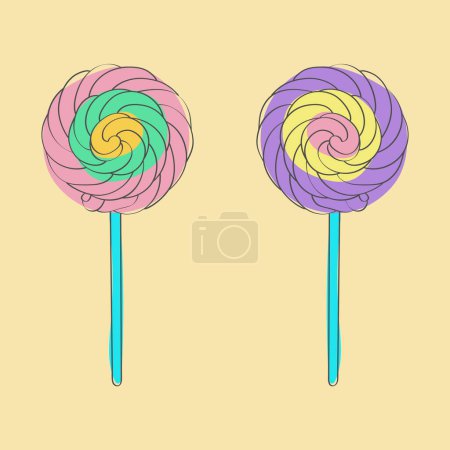 This is a close-up view of two colorful lollipops placed on top of each other playfully and whimsically
