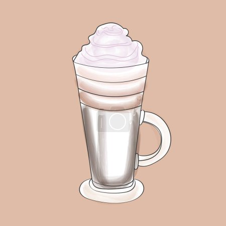 Illustration for A white cup filled with dark brewed coffee topped with a generous dollop of whipped cream. The creamy swirls sit beautifully on the rich coffee below, creating a visual and taste experience - Royalty Free Image