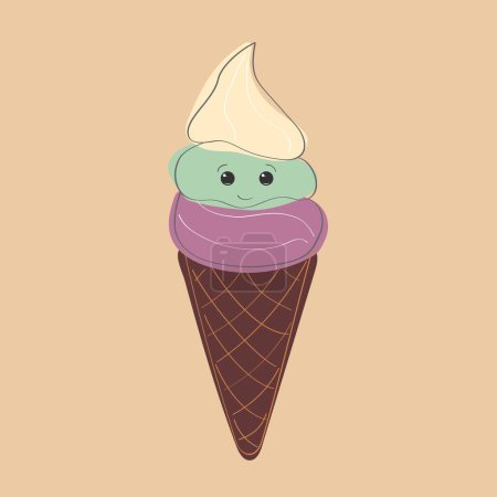 Illustration for An ice cream cone featuring three different colors swirling together in a delectable treat. The cone is filled with a delicious blend of flavors, making it a colorful and tasty dessert option - Royalty Free Image
