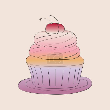 Téléchargez les illustrations : Un seul cupcake avec glaçage rose et une cerise placée sur le dessus. Le cupcake est sur un fond blanc uni, mettant en valeur son apparence colorée et délicieuse - en licence libre de droit