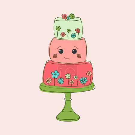 Illustration for A three-tiered cake decorated with colorful flowers on top. The cake layers are beautifully frosted and each tier is adorned with delicate floral decorations - Royalty Free Image