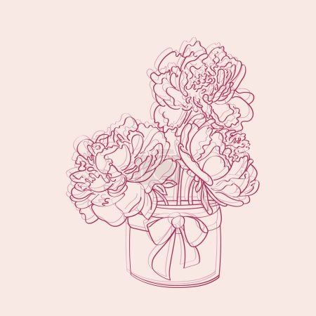 Eine handgezeichnete Illustration lebendiger Pfingstrosen, die in einer Vase vor einem zartrosa Hintergrund arrangiert sind. Die Blüten sind mit zarten Strichen detailliert und bringen einen Hauch von Natur ins Haus