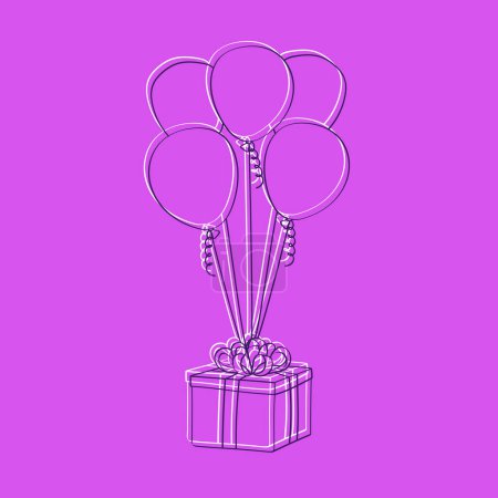 Illustration for A hand-drawn illustration showing a colorful present box surrounded by vibrant balloons. The present is adorned with a bow, while the balloons float around it in the air - Royalty Free Image