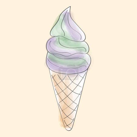 Ilustración de Una ilustración dibujada a mano de un cono de helado con colores pastel suaves. El cono se representa con líneas delicadas y las cucharadas de helado se arremolinan con tonos de rosa, azul y amarillo - Imagen libre de derechos