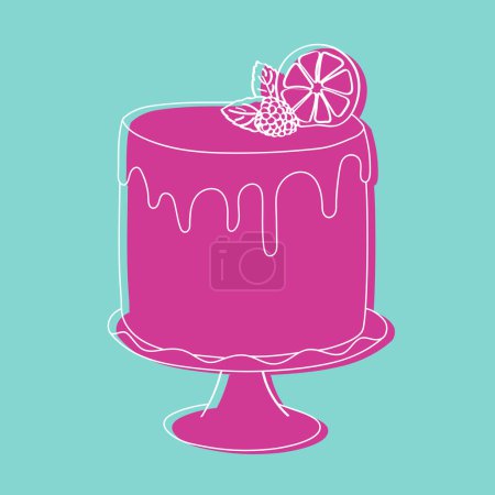 Ilustración de Un pastel pintado a mano de color rosa con una rebanada de limón descansando sobre él. El pastel está decorado con intrincados diseños de garabatos, y la vibrante rodaja de limón amarillo añade un toque de color al postre. - Imagen libre de derechos
