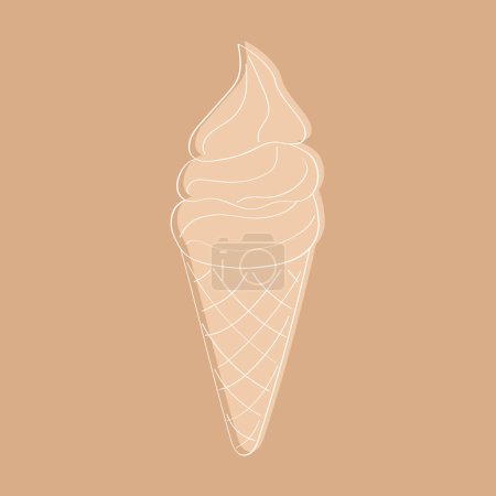 Téléchargez les illustrations : Un cône de crème glacée doodle avec une cuillère de crème glacée équilibrée sur le dessus, sur un fond brun uni. Le cône est de conception simple, avec des lignes et des formes minimalistes - en licence libre de droit