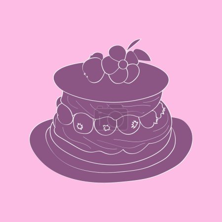 Téléchargez les illustrations : Un gribouillis peint à la main représentant un délicieux gâteau garni de cerises rouges vibrantes. Le gâteau est détaillé avec des couches et du glaçage, et les cerises ajoutent une touche de couleur à la composition - en licence libre de droit