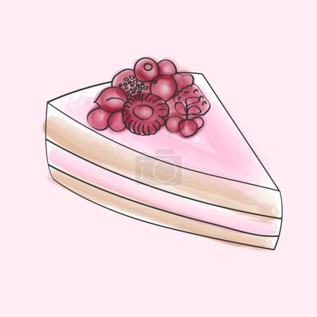 A piece of cake with smooth pink frosting and fresh berries on top, sitting on a plate. The cake is hand-painted with a doodle-style watercolor design