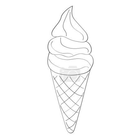 Téléchargez les illustrations : Une illustration simple dessinée à la main d'un cône de crème glacée, avec trois boules de crème glacée empilées sur un cône croustillant, le tout placé sur un fond blanc uni - en licence libre de droit