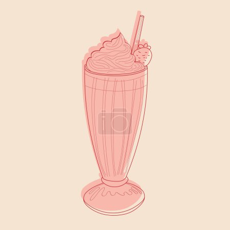 Téléchargez les illustrations : Illustration dessinée à la main d'un milk-shake rose contenant une paille. L'œuvre d'art présente une représentation vibrante et colorée de la boisson - en licence libre de droit
