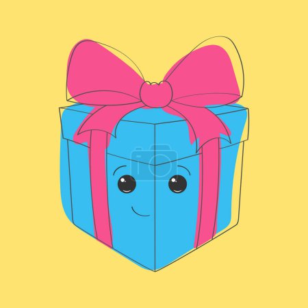 Illustration for A blue box with a pink bow on top is featured in this hand painted doodle. The box appears to be a gift or present, wrapped beautifully with the eye-catching contrast of blue and pink - Royalty Free Image