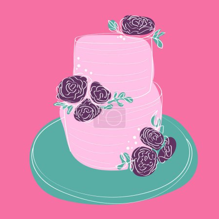 Un pastel de dos niveles con intrincados diseños de garabatos pintados a mano y coronados con rosas vibrantes. El pastel está bellamente decorado y es perfecto para una ocasión especial o celebración.