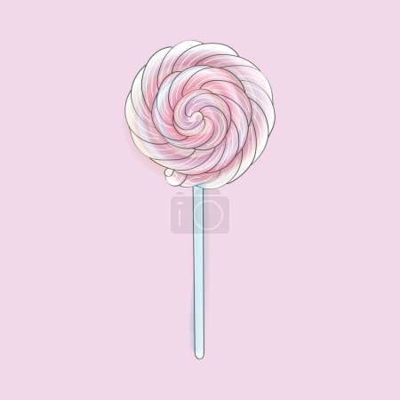 Illustration for A pink and white lollipop stands out against a pink background. The candy appears hand-painted with a doodle design - Royalty Free Image