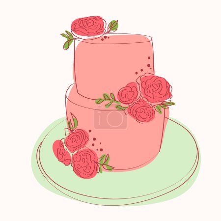 Illustration for Two-layer pink cake adorned with intricate rose decorations on top. The cake appears to be hand painted with a delicate and detailed design - Royalty Free Image