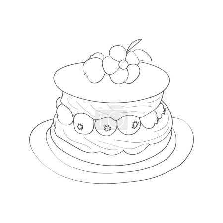 Ilustración de Una ilustración dibujada a mano de un pastel con cerezas encaramadas en sus capas cremosas, mostrando pinceladas detalladas y estilo artístico - Imagen libre de derechos