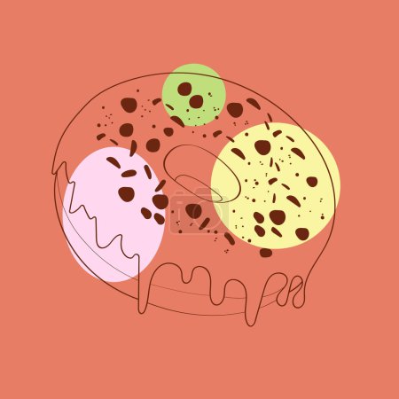 A detailed hand-drawn illustration of a doughnut topped with chocolate chips and colorful sprinkles. The artwork showcases the sweet treat in a playful and appetizing manner