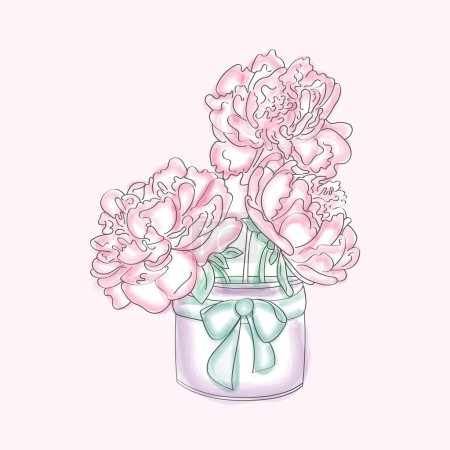 A detailed drawing of vibrant pink peonies in a clear glass vase, showcasing intricate hand-painted watercolor strokes