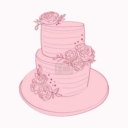 Ilustración de Un pastel rosa decorado con rosas intrincadas en la parte superior, pintado a mano con diseños similares a garabatos. El pastel se muestra en una superficie blanca - Imagen libre de derechos